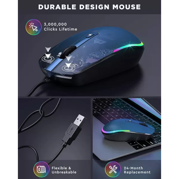 seenda Wired Mouse  USB Computer Mouse Wired with RGB Backlit Optical LED Mouse with Attached USB Cord for Laptops Notebooks Chromebook  BlackBlue  Black