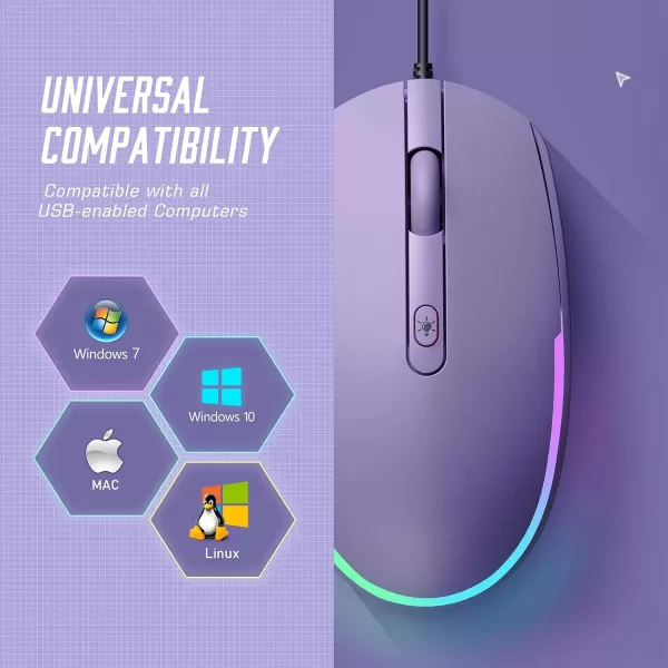 seenda Wired Mouse  USB Computer Mouse Wired with RGB Backlit Optical LED Mouse with Attached USB Cord for Laptops Notebooks Chromebook  BlackPurple
