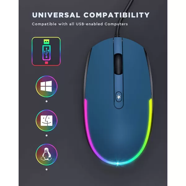 imageseenda Wired Mouse  USB Computer Mouse Wired with RGB Backlit Optical LED Mouse with Attached USB Cord for Laptops Notebooks Chromebook  BlackBlue  Black