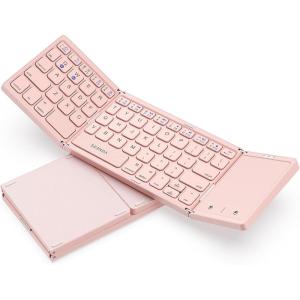 imageseenda Foldable Bluetooth Keyboard for Travel TriFolding Wireless Rechargeable MultiDevice Portable Keyboard with Touchpad for Laptop iPad Tablet PC Smartphone Windows iOS Android PinkPink