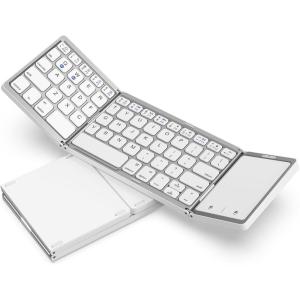 imageseenda Foldable Bluetooth Keyboard for Travel TriFolding Wireless Rechargeable MultiDevice Portable Keyboard with Touchpad for Laptop iPad Tablet PC Smartphone Windows iOS Android PinkSilver White