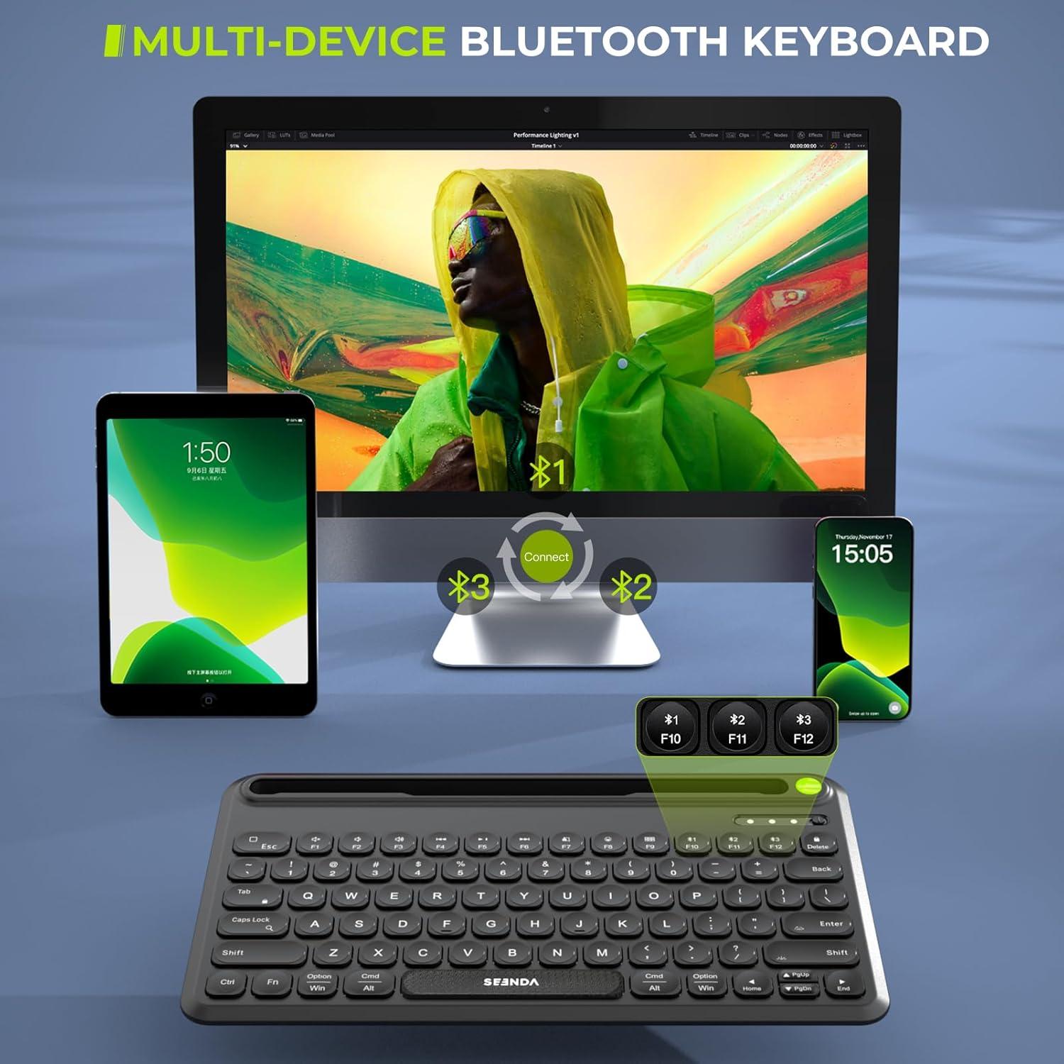 imageSeenda Bluetooth Keyboard and Mouse Set Rechargeable Wireless Backlit Keyboard ampamp Mouse with TabletPhone Holder for PCLaptopiPadMacBook AirPro Compatible with WindowsAndroidiOSMac OS Black