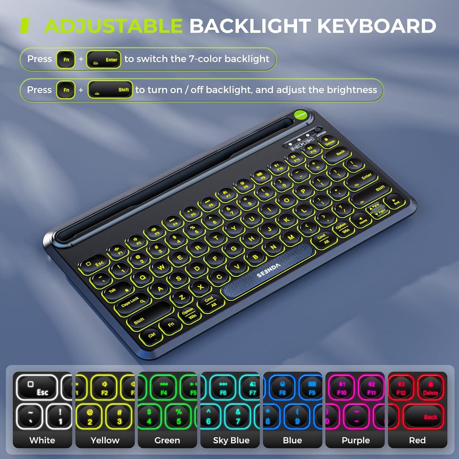 imageSeenda Bluetooth Keyboard and Mouse Set Rechargeable Wireless Backlit Keyboard ampamp Mouse with TabletPhone Holder for PCLaptopiPadMacBook AirPro Compatible with WindowsAndroidiOSMac OS Black