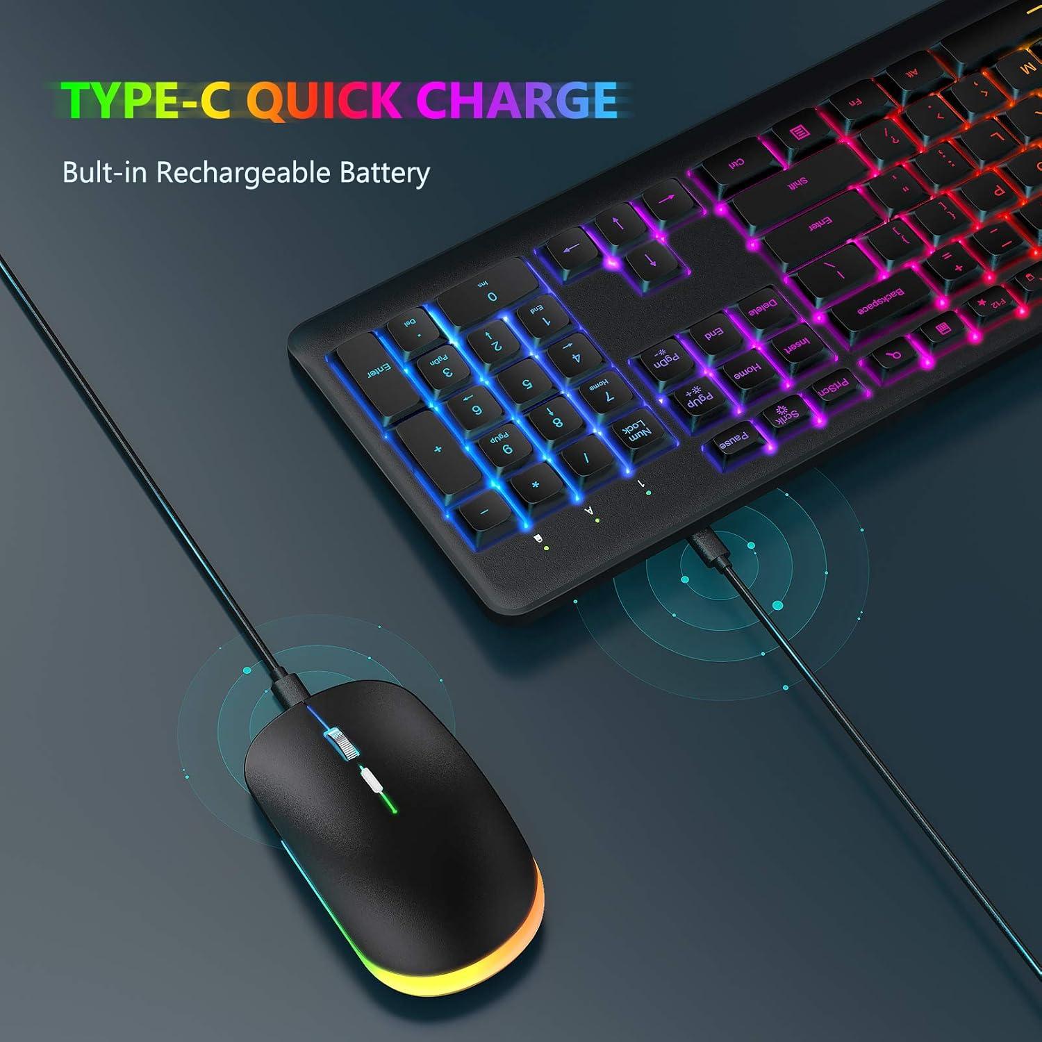 imageWireless Keyboard and Mouse Combo Backlit  seenda Rechargeable FullSize Illuminated Wireless Keyboard and Mouse Set 24Ghz Silent Keyboard and Mouse for Computer Laptops Windows Gaming Black