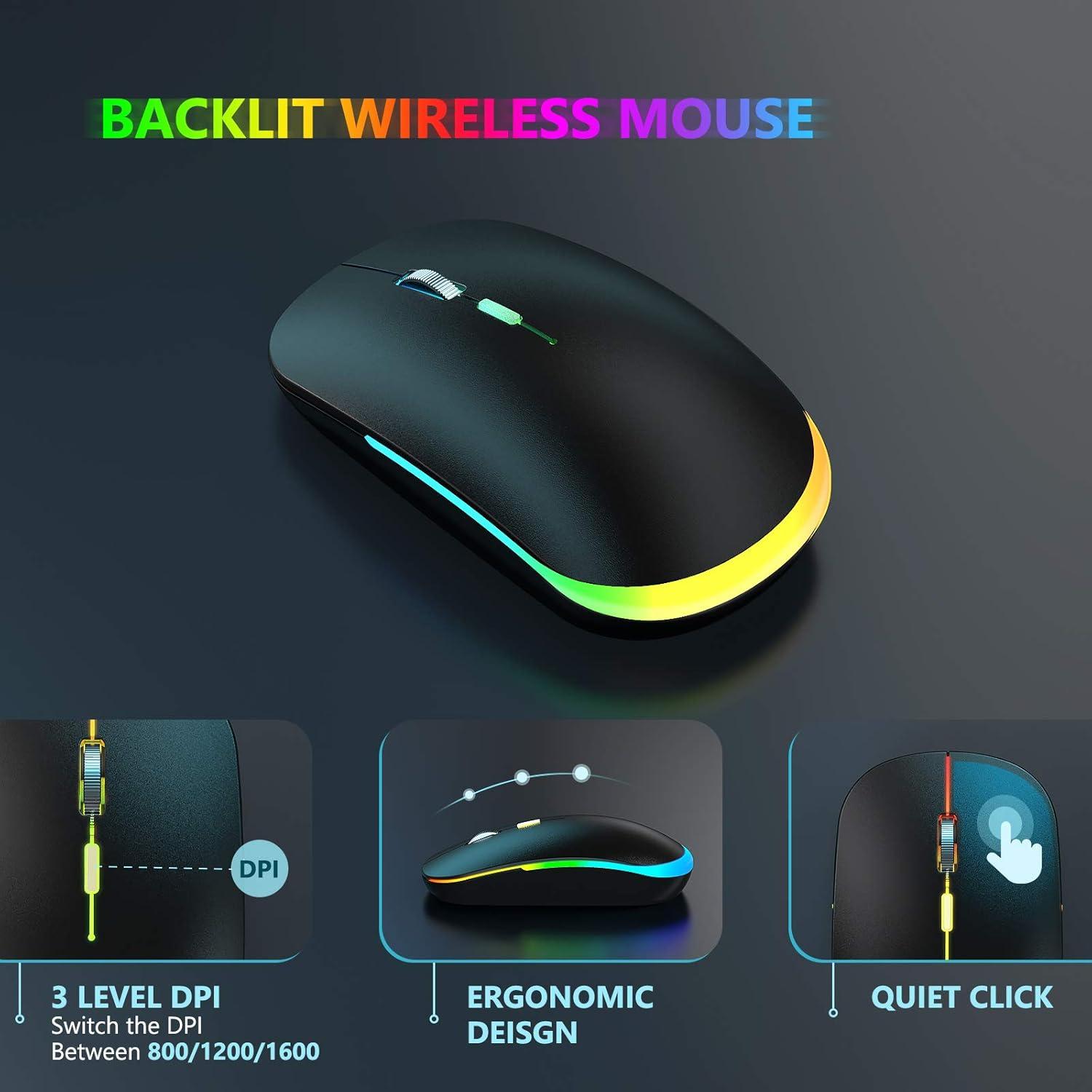 imageWireless Keyboard and Mouse Combo Backlit  seenda Rechargeable FullSize Illuminated Wireless Keyboard and Mouse Set 24Ghz Silent Keyboard and Mouse for Computer Laptops Windows Gaming Black
