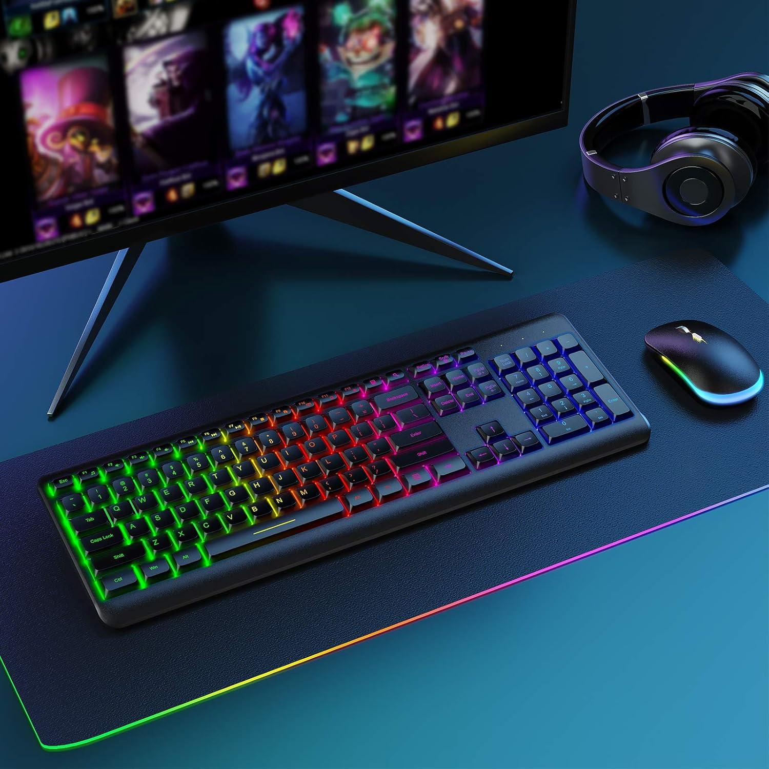 imageWireless Keyboard and Mouse Combo Backlit  seenda Rechargeable FullSize Illuminated Wireless Keyboard and Mouse Set 24Ghz Silent Keyboard and Mouse for Computer Laptops Windows Gaming Black