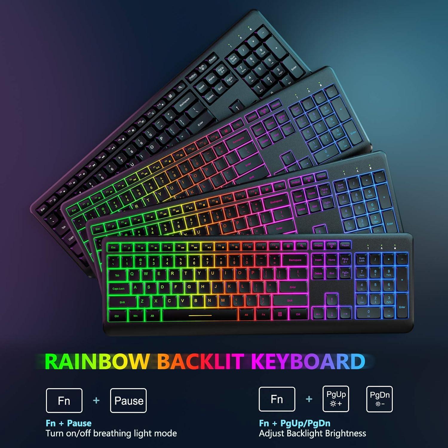 imageWireless Keyboard and Mouse Combo Backlit  seenda Rechargeable FullSize Illuminated Wireless Keyboard and Mouse Set 24Ghz Silent Keyboard and Mouse for Computer Laptops Windows Gaming Black