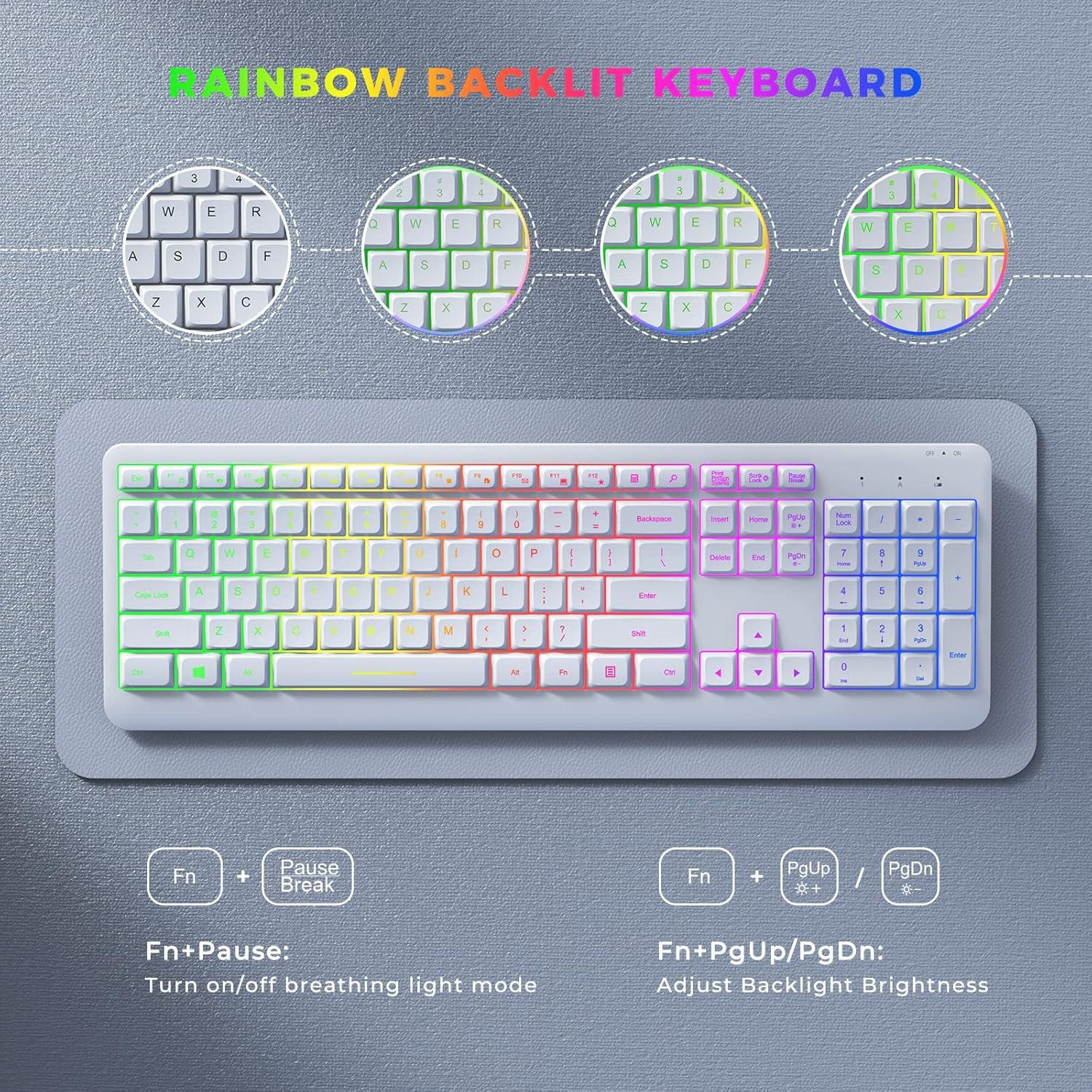 imageWireless Keyboard and Mouse Combo Backlit seenda Rechargeable FullSize Illuminated Wireless Keyboard and Mouse Set 24Ghz Silent Keyboard and Mouse for ComputerLaptopsWindowsGaming White