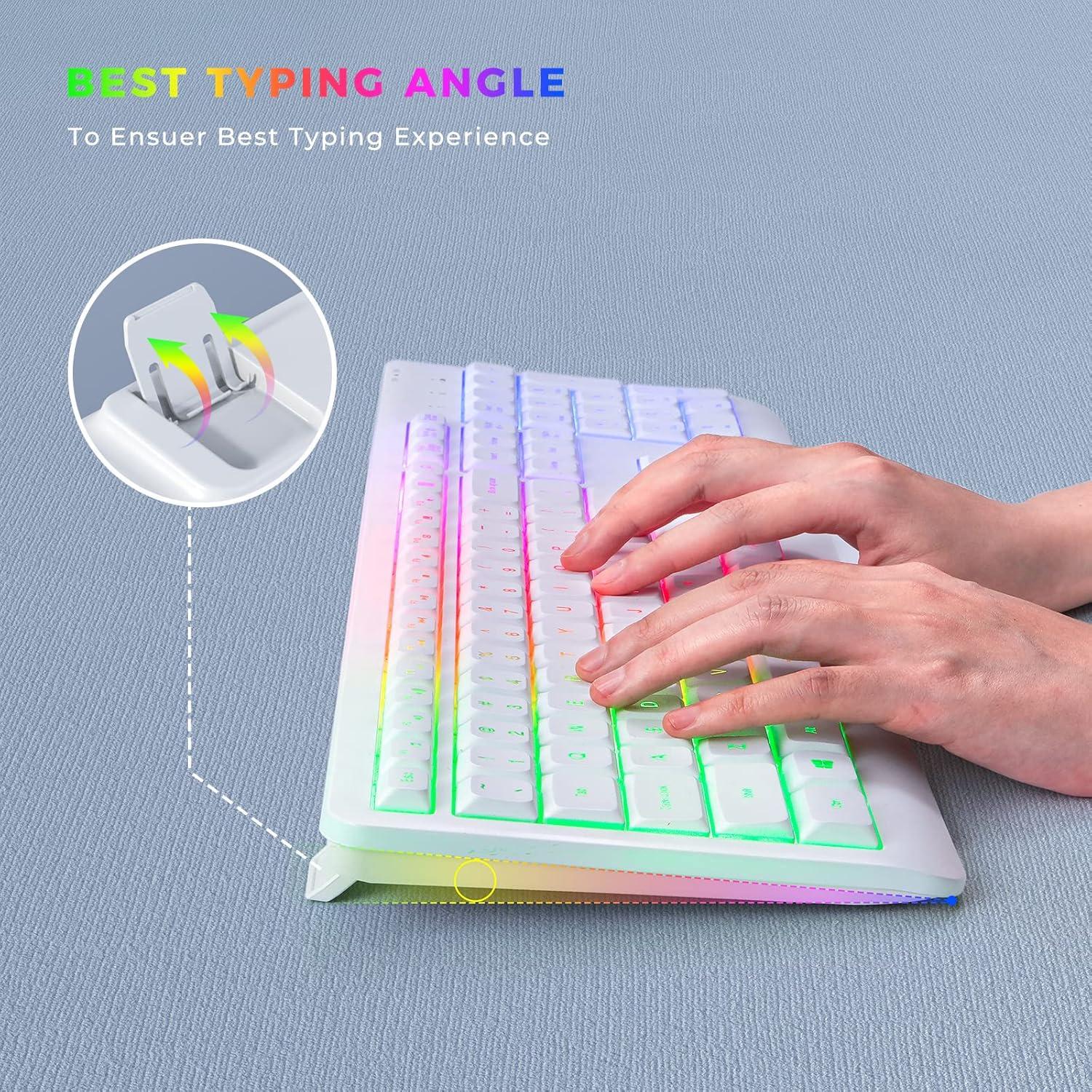 imageWireless Keyboard and Mouse Combo Backlit seenda Rechargeable FullSize Illuminated Wireless Keyboard and Mouse Set 24Ghz Silent Keyboard and Mouse for ComputerLaptopsWindowsGaming White
