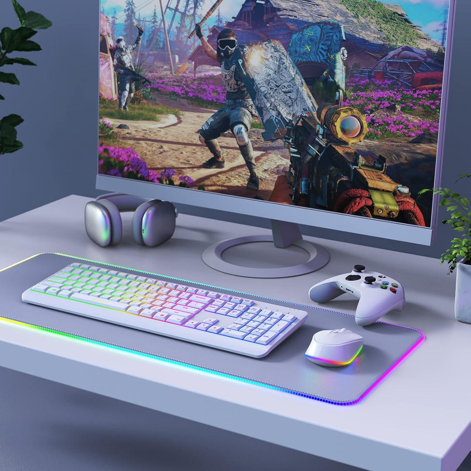 imageWireless Keyboard and Mouse Combo Backlit seenda Rechargeable FullSize Illuminated Wireless Keyboard and Mouse Set 24Ghz Silent Keyboard and Mouse for ComputerLaptopsWindowsGaming White
