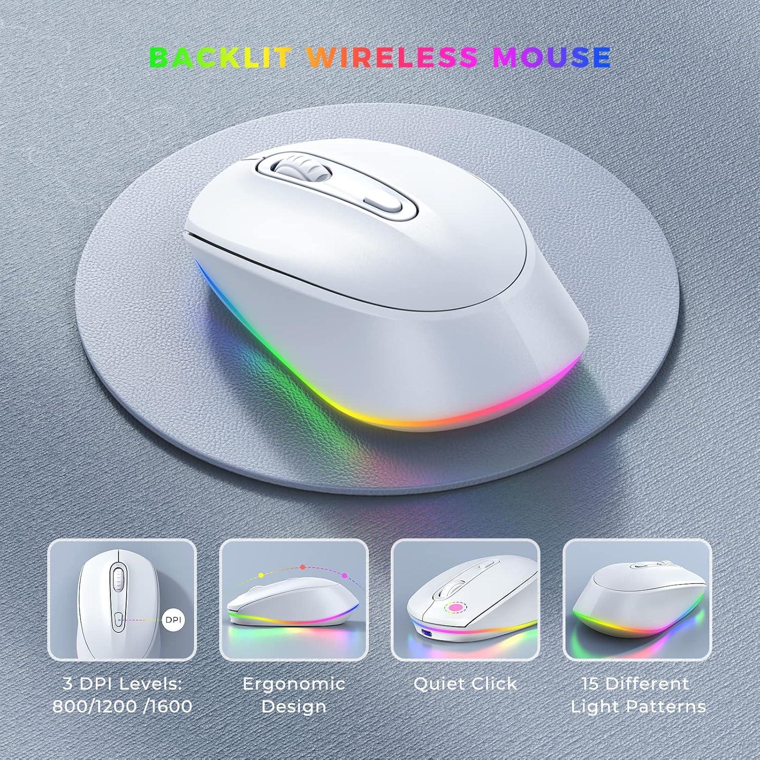 imageWireless Keyboard and Mouse Combo Backlit seenda Rechargeable FullSize Illuminated Wireless Keyboard and Mouse Set 24Ghz Silent Keyboard and Mouse for ComputerLaptopsWindowsGaming White