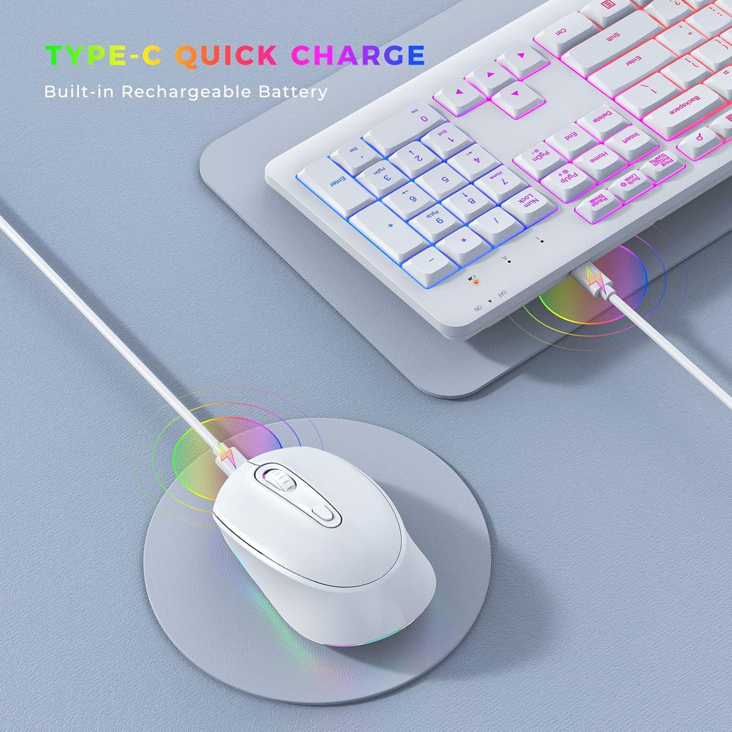 imageWireless Keyboard and Mouse Combo Backlit seenda Rechargeable FullSize Illuminated Wireless Keyboard and Mouse Set 24Ghz Silent Keyboard and Mouse for ComputerLaptopsWindowsGaming White