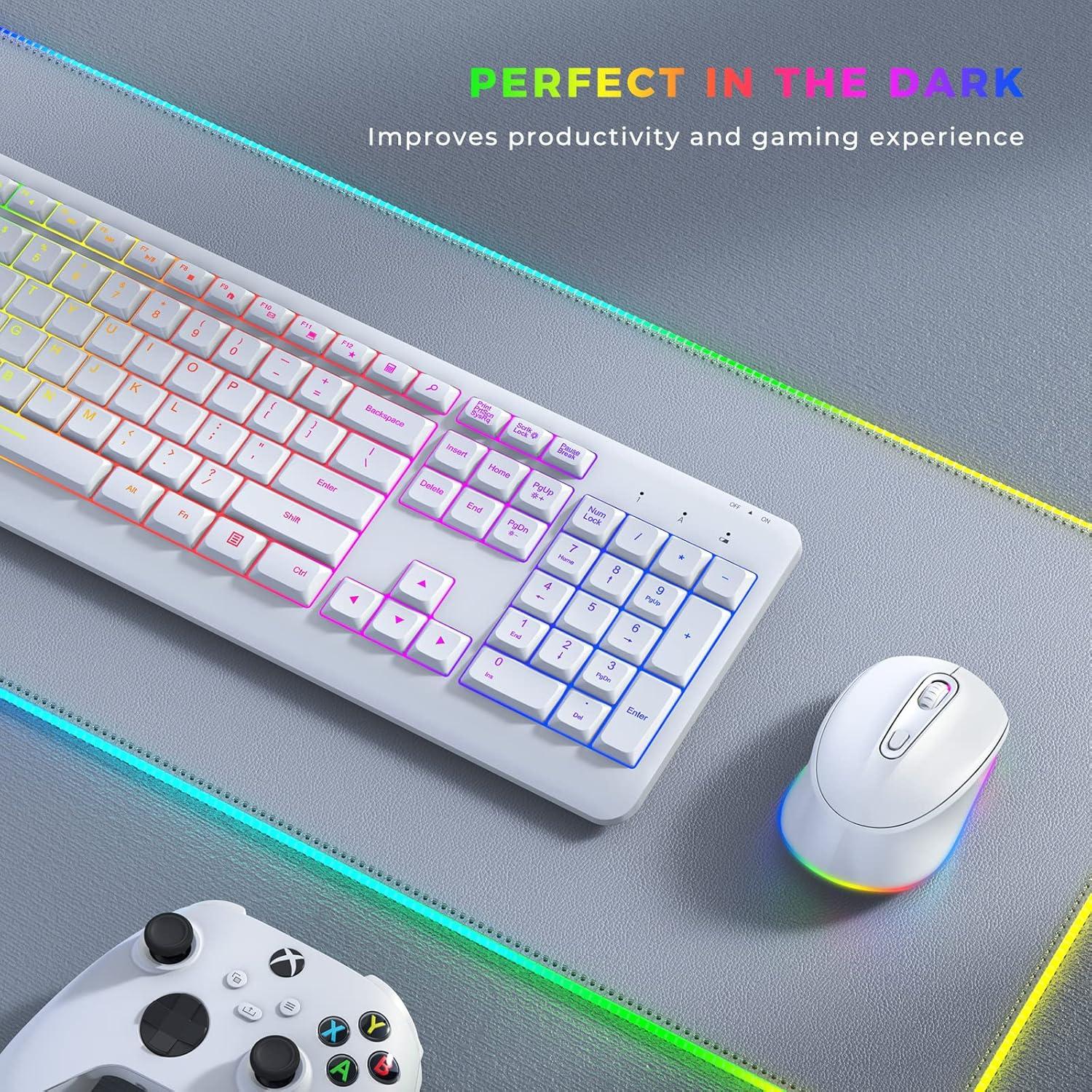 imageWireless Keyboard and Mouse Combo Backlit seenda Rechargeable FullSize Illuminated Wireless Keyboard and Mouse Set 24Ghz Silent Keyboard and Mouse for ComputerLaptopsWindowsGaming White