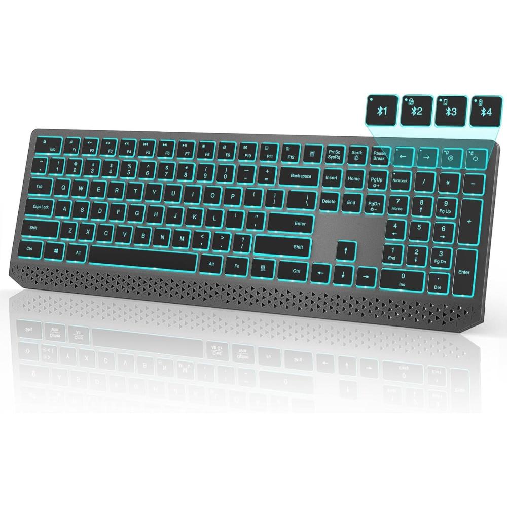 imageseenda Wireless Illuminated Keyboard MultiDevice Bluetooth Keyboard with 7 Colours Lighting4 Bluetooth Channels Rechargeable Wireless Keyboard for MaciPadiPhoneWindowsAndroid