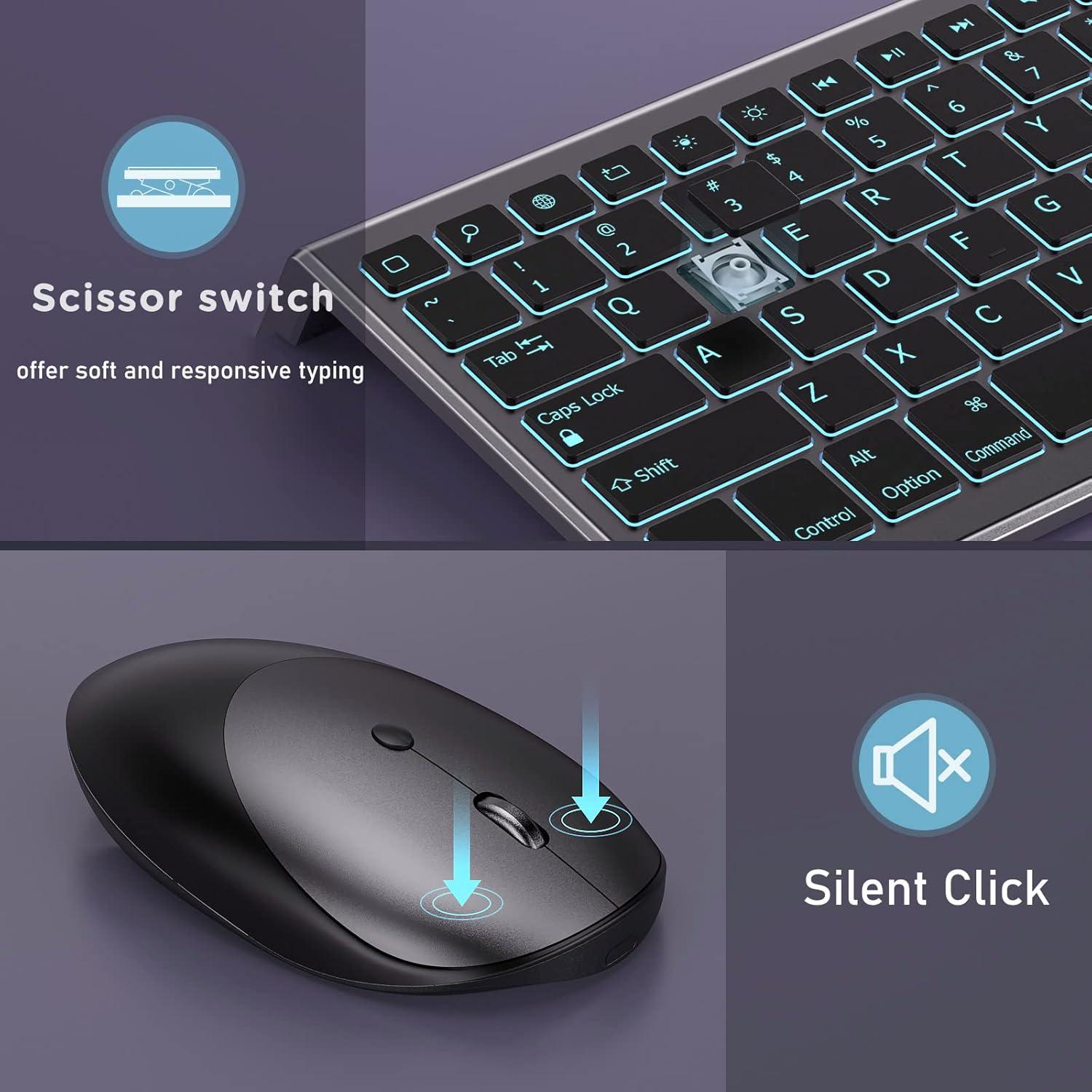 imageseenda Bluetooth Keyboard and Mouse Backlit for iOSiPadiPhone MultiDevice Wireless Keyboard and Mice Rechargeable Silent Portable US Layout for iPad ProAirMini iPad 97102 Inch iPhone Gray