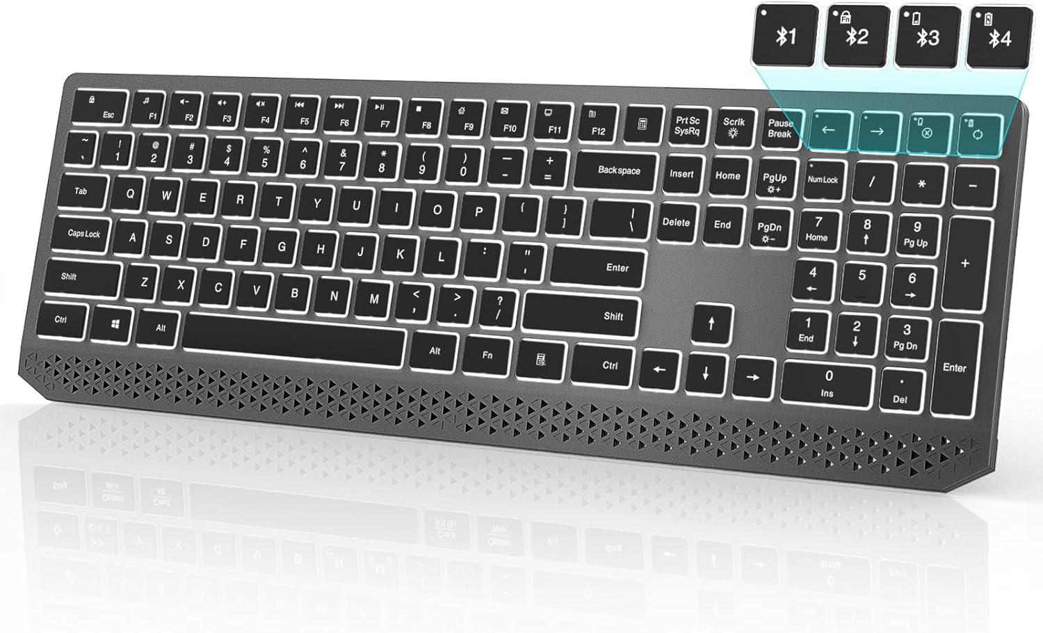 imageseenda Wireless Illuminated Keyboard MultiDevice Bluetooth Keyboard with 7 Colours Lighting4 Bluetooth Channels Rechargeable Wireless Keyboard for MaciPadiPhoneWindowsAndroid