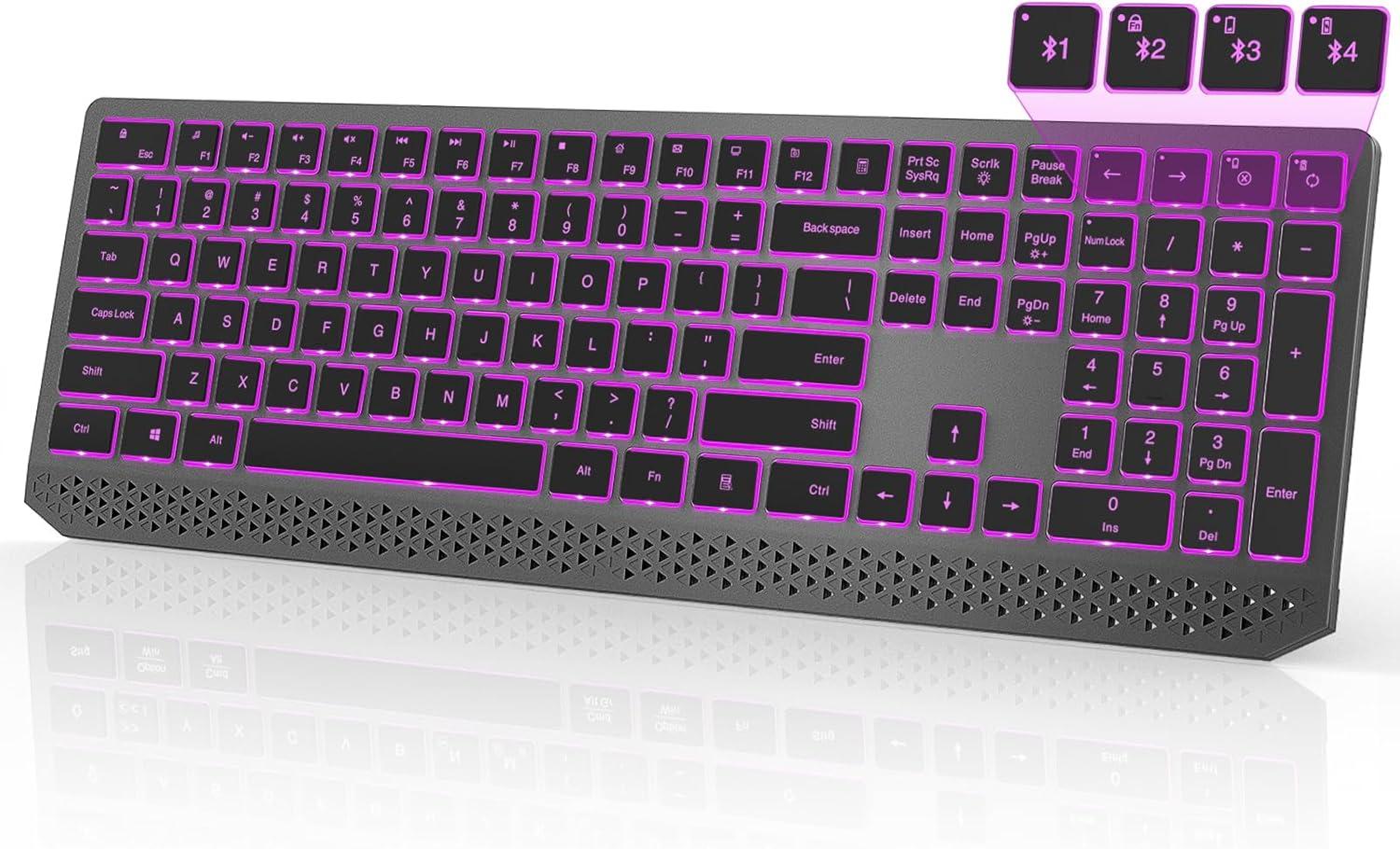 imageseenda Wireless Illuminated Keyboard MultiDevice Bluetooth Keyboard with 7 Colours Lighting4 Bluetooth Channels Rechargeable Wireless Keyboard for MaciPadiPhoneWindowsAndroid