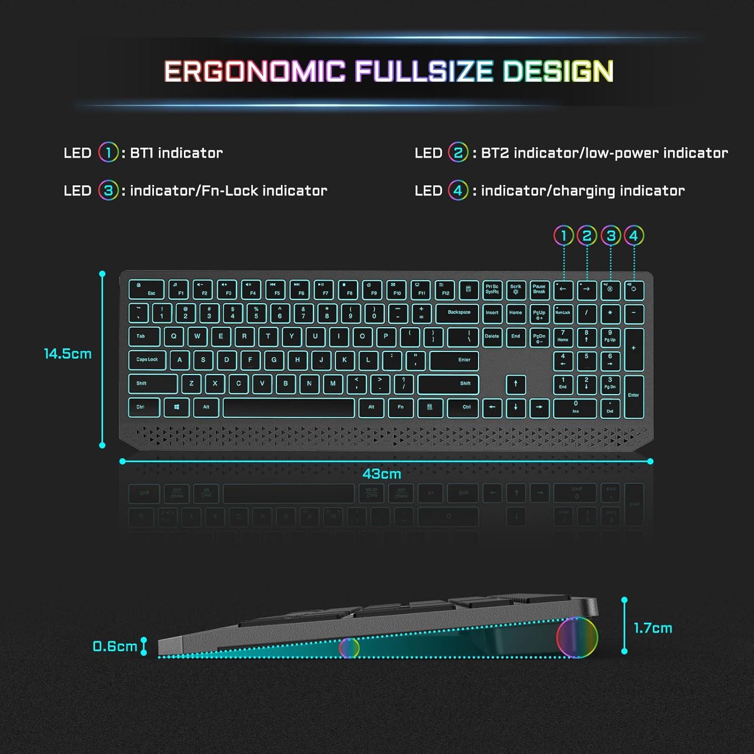 imageseenda Wireless Illuminated Keyboard MultiDevice Bluetooth Keyboard with 7 Colours Lighting4 Bluetooth Channels Rechargeable Wireless Keyboard for MaciPadiPhoneWindowsAndroid
