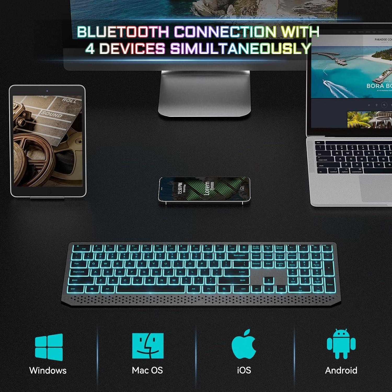 imageseenda Wireless Illuminated Keyboard MultiDevice Bluetooth Keyboard with 7 Colours Lighting4 Bluetooth Channels Rechargeable Wireless Keyboard for MaciPadiPhoneWindowsAndroid