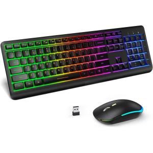 imageWireless Keyboard and Mouse Combo Backlit  seenda Rechargeable FullSize Illuminated Wireless Keyboard and Mouse Set 24Ghz Silent Keyboard and Mouse for Computer Laptops Windows Gaming Black