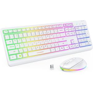 imageWireless Keyboard and Mouse Combo Backlit seenda Rechargeable FullSize Illuminated Wireless Keyboard and Mouse Set 24Ghz Silent Keyboard and Mouse for ComputerLaptopsWindowsGaming White