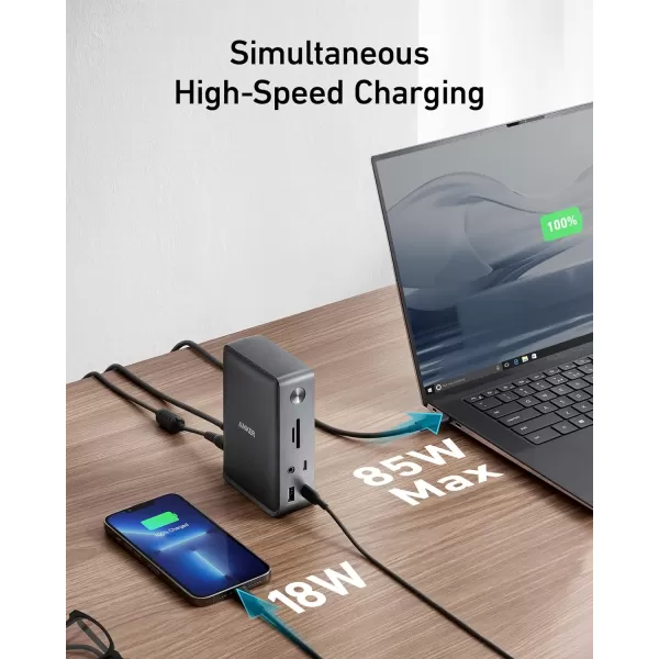 Anker Docking Station Anker 575 USBC Docking Station 13in1 Triple Display 4K HDMI 10 Gbps USBC and 5 Gbps USBA Data 85W Charging for Laptop 18W Charging for Phone Ethernet Audio SD 30