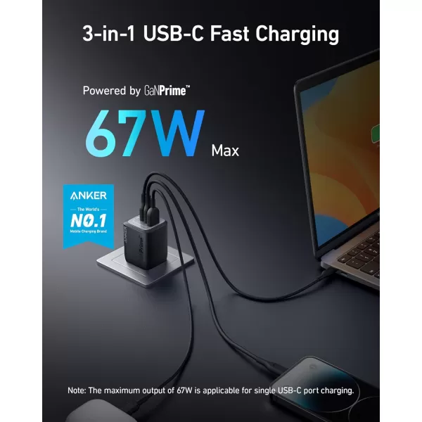 Anker Prime 67W USB C Charger Anker GaN 3Port Compact Fast PPS Wall Charger For MacBook ProAir Pixelbook iPad Pro iPhone 1514Pro Galaxy S23S22 Note20 Pixel Apple Watch