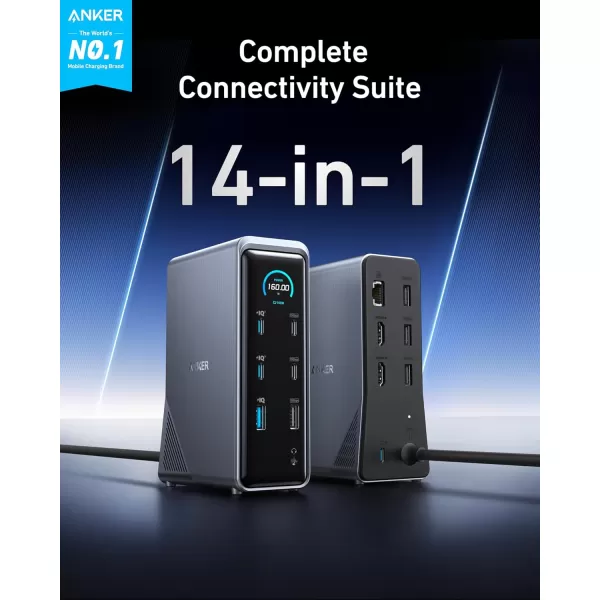 Anker Prime Docking Station 14Port with 160W Max Output 10Gbps Fast Data Transfer RealTime Smart Interface Audio and Ethernet Ports Dual 4K Displays for Dell MacBook and More