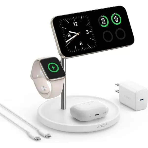 Anker MagSafeCompatible iPhone 16 Wireless Charging Stand MagGo 3 in 1 Wireless Charging Station Qi2 Certified 15W Wireless Charger Desk Accessory for iPhone 1615141312 Apple Watch AirPodsWhite