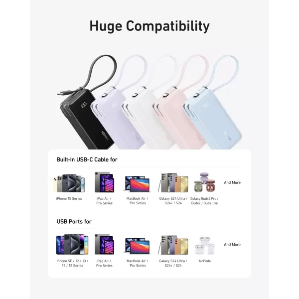 Anker 3in1 Portable iPhone Charger 10000mAh Power Bank with Builtin USBC Cable and Foldable AC Plug 30W Max Compact Battery Pack Travel Essentials for iPhone 1615 Series Galaxy MacBookType C CableViolet