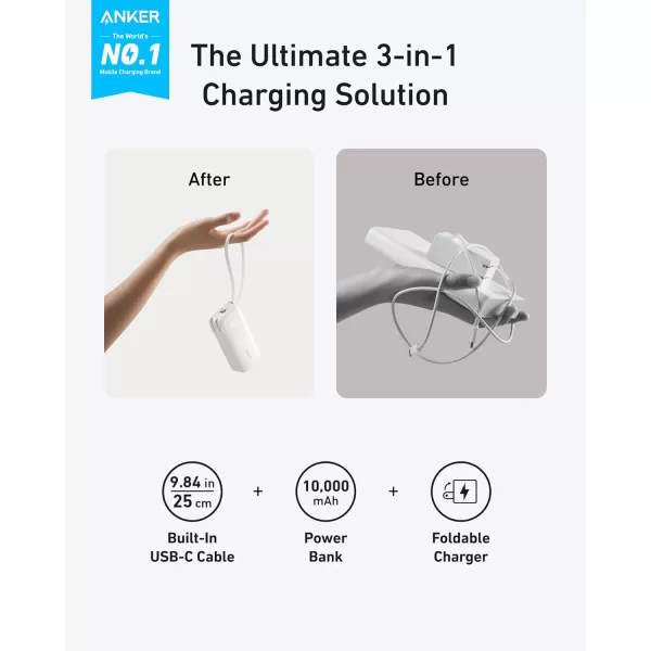 Anker 3in1 Portable iPhone Charger 10000mAh Power Bank with Builtin USBC Cable and Foldable AC Plug 30W Max Compact Battery Pack Travel Essentials for iPhone 1615 Series Galaxy MacBookType C CableViolet