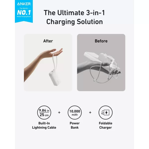 Anker 3in1 Portable iPhone Charger 10000mAh Power Bank with Builtin USBC Cable and Foldable AC Plug 30W Max Compact Battery Pack Travel Essentials for iPhone 1615 Series Galaxy MacBookLightning CableViolet