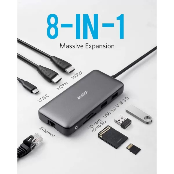 Anker 553 USBC Hub 8in1 USB C Dock Dual 4K HDMI USB C to USB Adapter 1 Gbps Ethernet USB Hub 100W Power Delivery SD Card Reader for MacBook Pro XPS and More