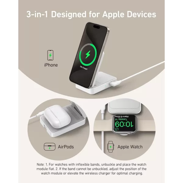 Anker MagGo 3in1 iPhone 16 Charging Station MagSafeCompatible Wireless Charger Stand Qi2 Certified 15W Foldable Charger for iPhone 1514 AirPods Apple Watch 9 40W USBC Charger IncludedWhite