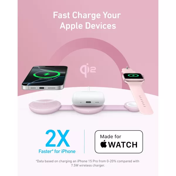 Anker MagSafe Compatible MagGo UFO 3in1 Charger iPhone 16 Wireless Charger Station Qi2 Certified 15W Foldable Travel Charging Pad for iPhone 15141312 AirPods Apple Watch Not a Power BankPink