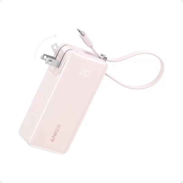 Anker 3in1 Portable iPhone Charger 10000mAh Power Bank with Builtin USBC Cable and Foldable AC Plug 30W Max Compact Battery Pack Travel Essentials for iPhone 1615 Series Galaxy MacBookLightning CablePink