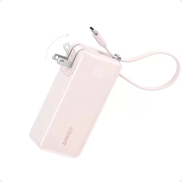 Anker 3in1 Portable iPhone Charger 10000mAh Power Bank with Builtin USBC Cable and Foldable AC Plug 30W Max Compact Battery Pack Travel Essentials for iPhone 1615 Series Galaxy MacBookType C CablePink