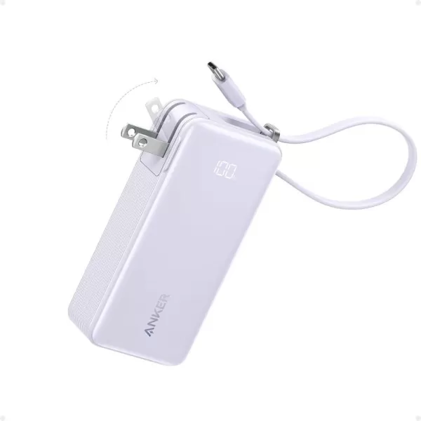 Anker 3in1 Portable iPhone Charger 10000mAh Power Bank with Builtin USBC Cable and Foldable AC Plug 30W Max Compact Battery Pack Travel Essentials for iPhone 1615 Series Galaxy MacBookType C CableViolet