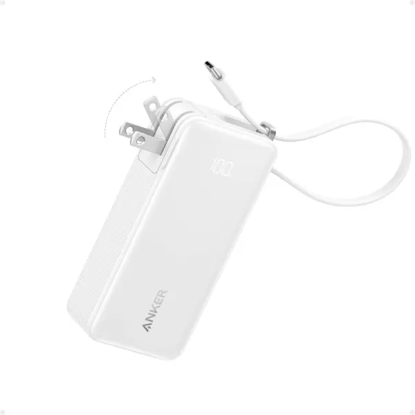 Anker 3in1 Portable iPhone Charger 10000mAh Power Bank with Builtin USBC Cable and Foldable AC Plug 30W Max Compact Battery Pack Travel Essentials for iPhone 1615 Series Galaxy MacBookType C CableWhite