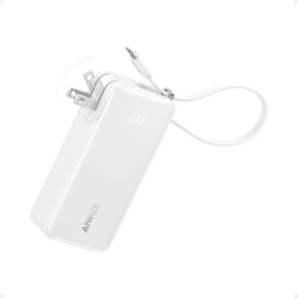 Anker 3in1 Portable iPhone Charger 10000mAh Power Bank with Builtin USBC Cable and Foldable AC Plug 30W Max Compact Battery Pack Travel Essentials for iPhone 1615 Series Galaxy MacBookLightning CableWhite