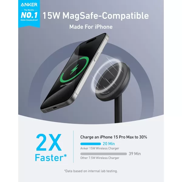 Anker MagGo iPhone 16 MagSafeCompatible Wireless Charger Stand 15W Fast Wireless Charging Station Qi2 Certified 360 Rotation Charger Exclusively for iPhone 1615141312 and AirPods No AdapterBlack