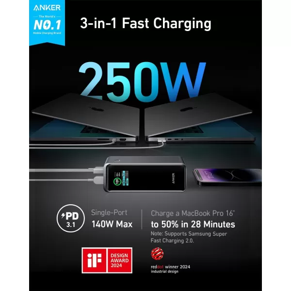 Anker Prime 27650mAh Power Bank 250W with 100W Charging Base 3Port Portable Charger Smart App Compatible with iPhone 161514 Series MacBook Samsung Dell AirPodsPowerBankBlack