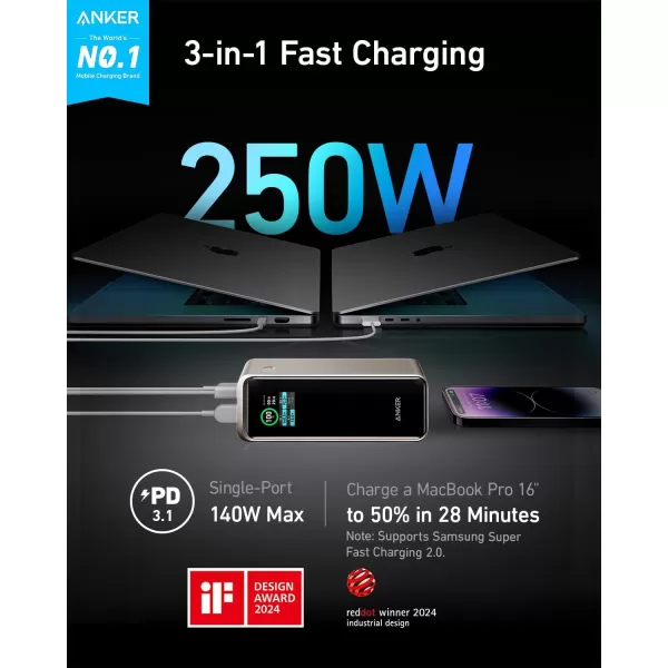 Anker Prime 27650mAh Power Bank 250W with 100W Charging Base 3Port Portable Charger Smart App Compatible with iPhone 161514 Series MacBook Samsung Dell AirPodsPowerBankCharging BaseGold