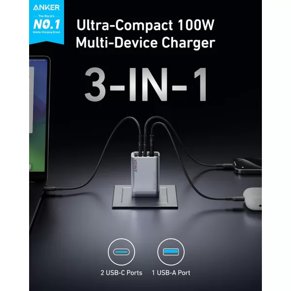 Anker Prime Charger 100W USB C Charger 3Port GaN USB Charger Block Foldable and Compact for MacBook iPad iPhone Series Galaxy S24S23 and More