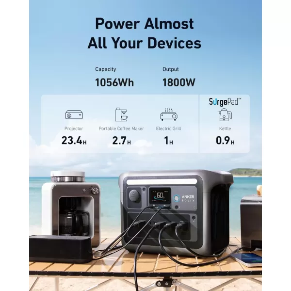 Anker SOLIX C1000 Portable Power Station 1800W Peak 2400W Solar Generator Full Charge in 58 Min 1056wh LiFePO4 Battery for Home Backup Power Outages and Outdoor Camping Optional Solar PanelAnker SOLIX C1000