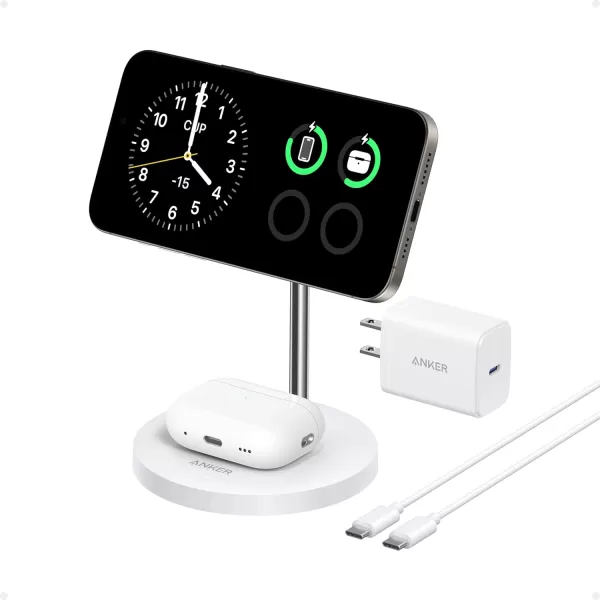 Anker MagSafe Compatible MagGo Charger Stand iPhone 16 Wireless Charger 2in1 Charging Station Qi2 Certified 15W Wireless Charger Stand for iPhone 1615141312 AirPods Pro No AC AdapterWhite