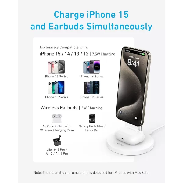 Anker MagSafe Compatible MagGo Charger Stand iPhone 16 Wireless Charger 2in1 Charging Station Qi2 Certified 15W Wireless Charger Stand for iPhone 1615141312 AirPods Pro No AC AdapterWhite