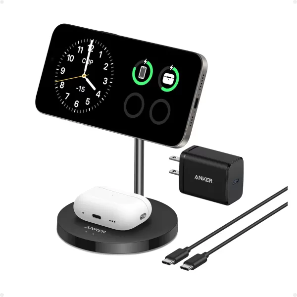 Anker MagSafe Compatible MagGo Charger Stand iPhone 16 Wireless Charger 2in1 Charging Station Qi2 Certified 15W Wireless Charger Stand for iPhone 1615141312 AirPods Pro No AC AdapterBlack