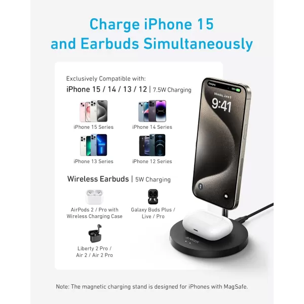 Anker MagSafe Compatible MagGo Charger Stand iPhone 16 Wireless Charger 2in1 Charging Station Qi2 Certified 15W Wireless Charger Stand for iPhone 1615141312 AirPods Pro No AC AdapterBlack