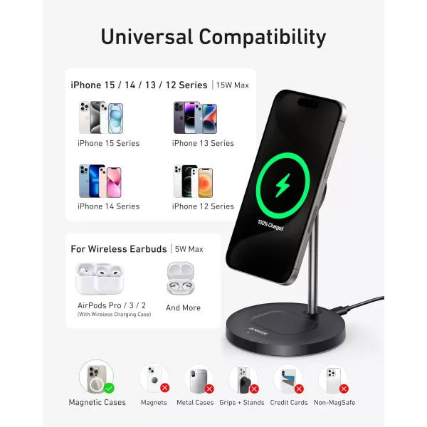 Anker MagSafe Compatible MagGo Charger Stand iPhone 16 Wireless Charger 2in1 Charging Station Qi2 Certified 15W Wireless Charger Stand for iPhone 1615141312 AirPods Pro No AC AdapterBlack